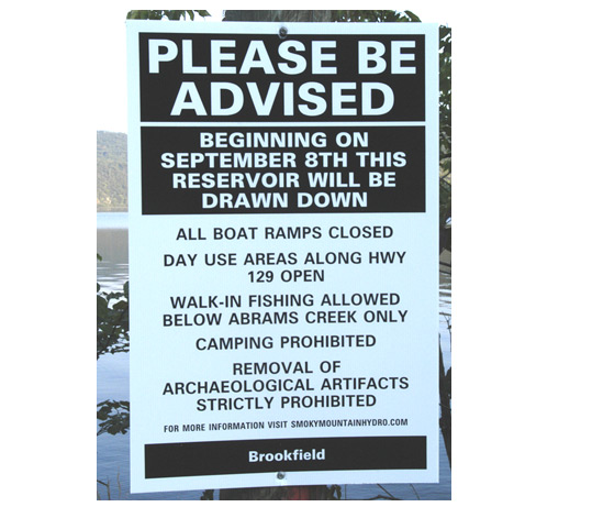 Sign at Chilhowee Lake announcing the pending draw-down of the lake.